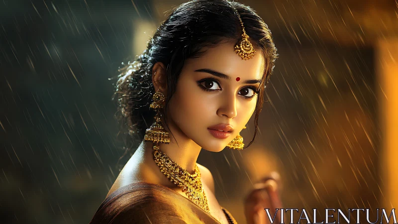 Golden raindrops frame a graceful woman in traditional beauty