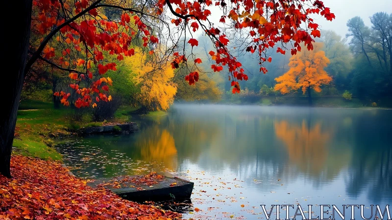 Autumn lake with red foliage and misty tree reflections.