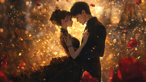 Luminous ballroom embrace amid rose-petal particle cascade.