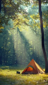 Cozy orange tent glowing softly in a sunlit forest clearing.