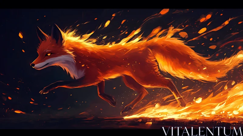 Fox silhouette moves through stylized flame and ember field