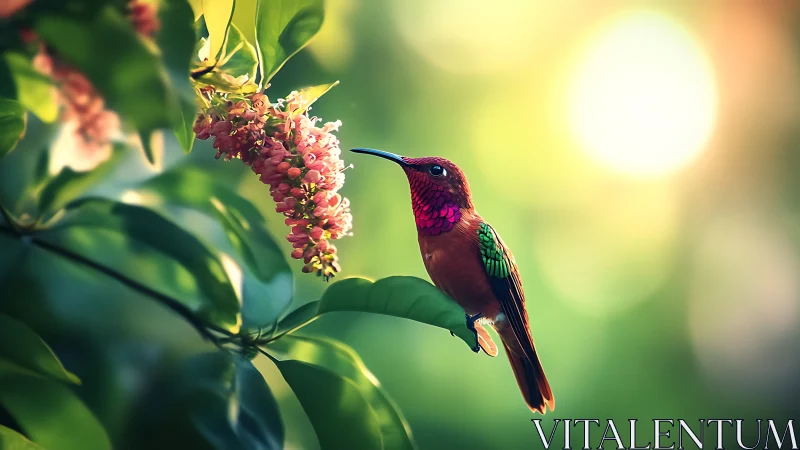 Vibrant hummingbird sipping nectar in sunlit garden, realistic style.