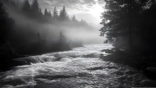 Gentle river glows under misty morning forest light.