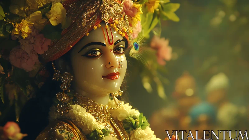 Golden garlanded deity gazes through soft temple twilight.