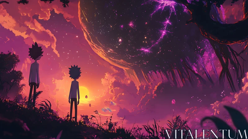 Dual observers beneath fractured cosmic superstructure at dusk.