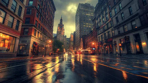 Moody city street glows with rainy reflections at dusk.
