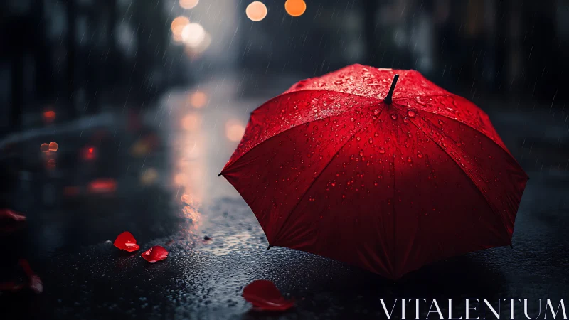 Red umbrella on wet city street with night rain backdrop.