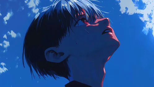 Melancholic anime boy gazes upward into a blazing blue sky.