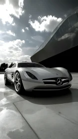 Silver Mercedes sports car parked on reflective concrete surface