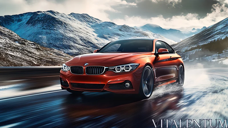 Sporty red coupe powers along a wet alpine highway at speed.