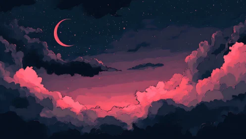 Crescent moon over vivid pink clouds at dreamy dusk sky.