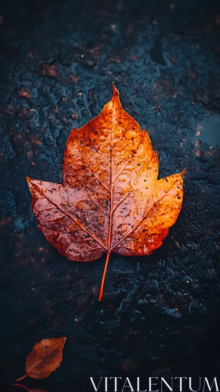 Autumn maple leaf gleams on wet dark stone surface.