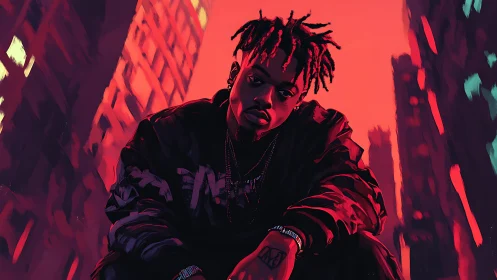 Urban portrait under neon skyline in saturated crimson light.