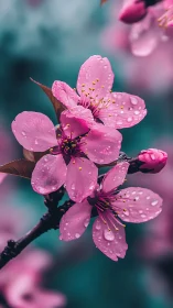 Pink Cherry Blossoms Sparkle with Morning Dew Drops