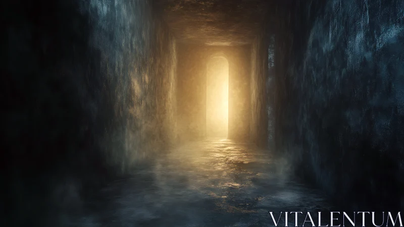 Dark stone corridor opens toward intense golden doorway