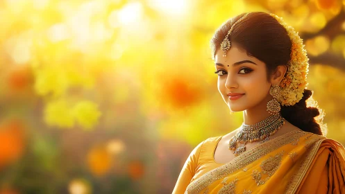 Golden portrait of elegant woman in traditional sari dress.