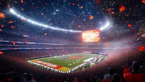Night football stadium interior with crowd and fireworks.