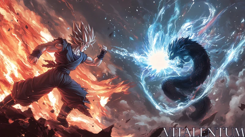 Spiky haired warrior facing blue energy dragon in battle.
