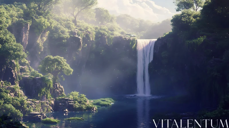 Digital painting of misty cliffside waterfall and forest basin.