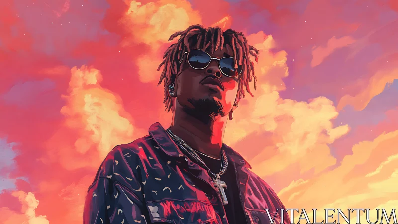 Sky-drenched cool kid crowned by neon cotton clouds.