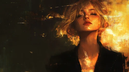 Luminous portrait of serene woman in golden brushstrokes.