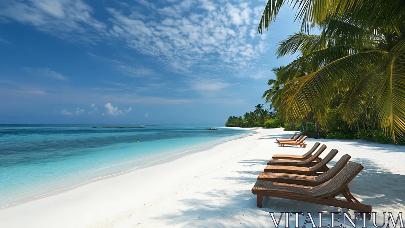 Tropical Paradise Awaits: Powder Sand Oasis with Loungers and Palm Shade.