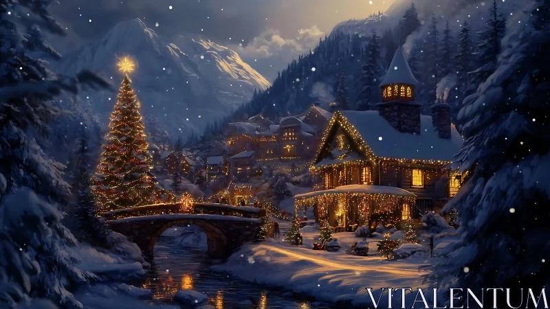 Snow-covered mountain village with illuminated holiday lights.