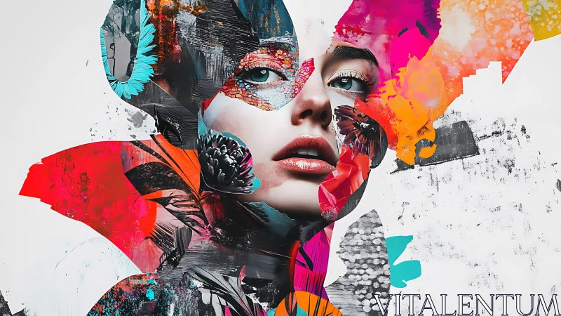 Fragmented female portrait with vivid abstract overlays.