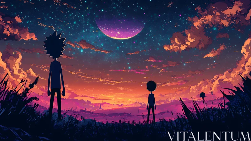 Stargazing friends under a neon dusk and crescent sky.