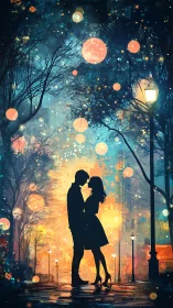 Silhouetted Couple Beneath Glowing Orbs in Night Forest
