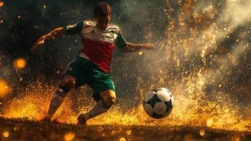 Soccer player striking ball with illuminated field spray.
