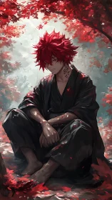 Solitary red-haired warrior beneath burning autumn canopy.