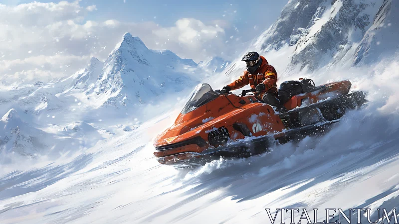 Orange snowmobile cutting fresh powder in alpine blizzard.