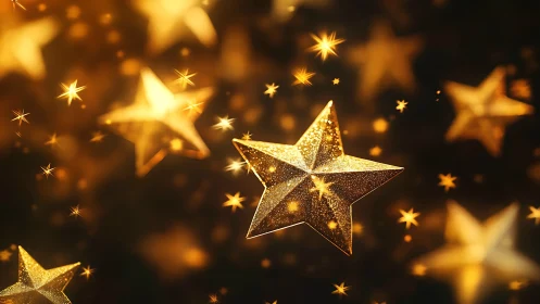 Golden glitter stars float in cinematic bokeh field.