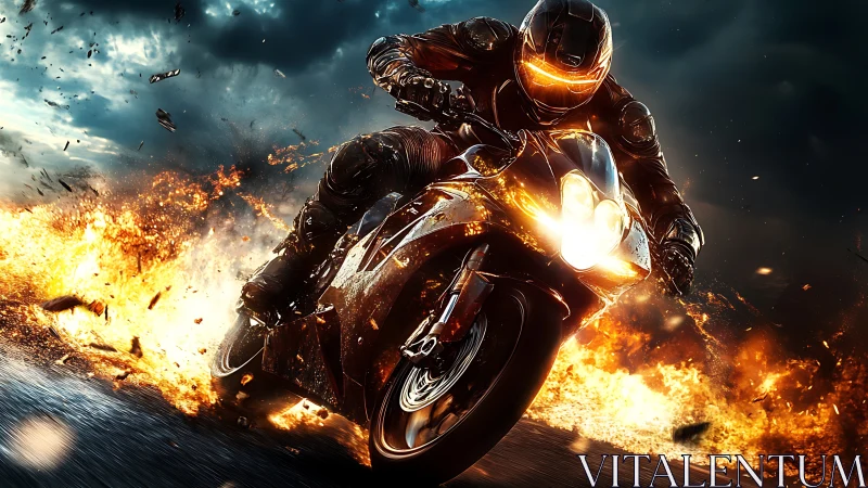 Aerodynamic superbike rider cutting through explosive firestorm.