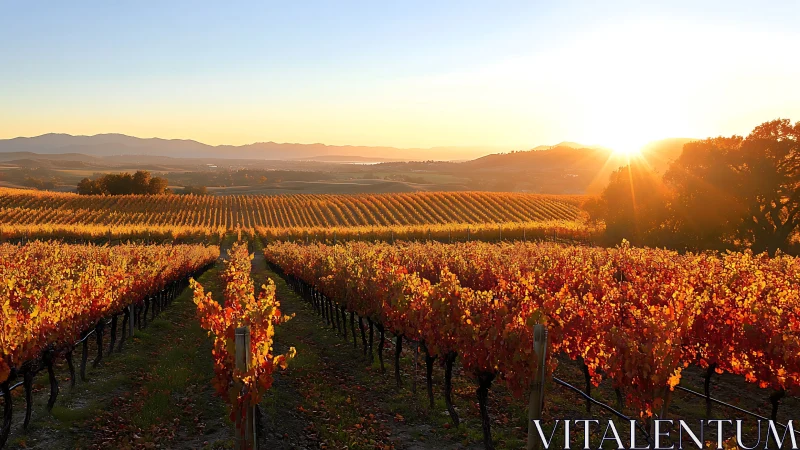 Sunlit autumn vineyard rows glow across rolling hills at dusk