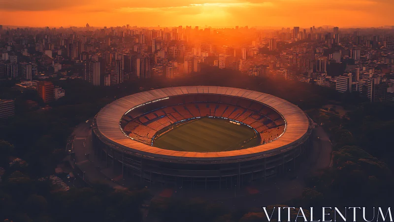 Sunset arena glows like a halo above the sprawling city.