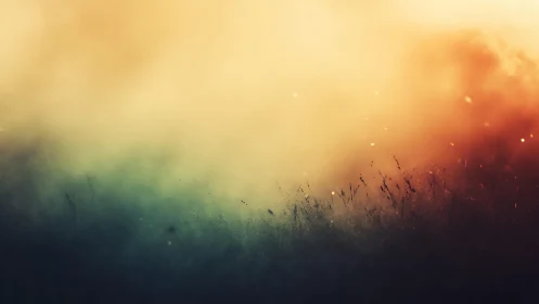 Dreamy abstract landscape with misty grass at sunset.