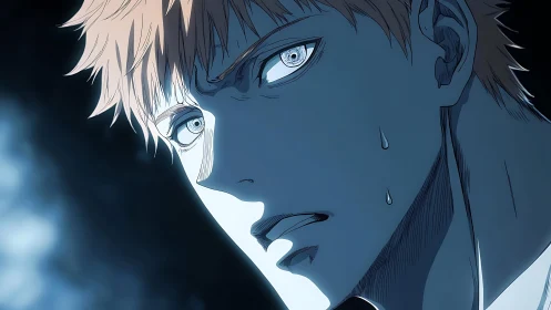 Storm-lit anime hero locked in icy, unblinking resolve.