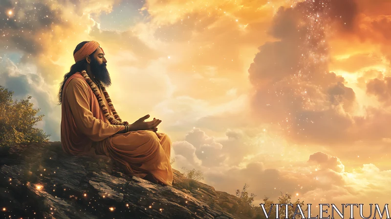 Mystic sage meditating on sunlit cliff under glowing sky.