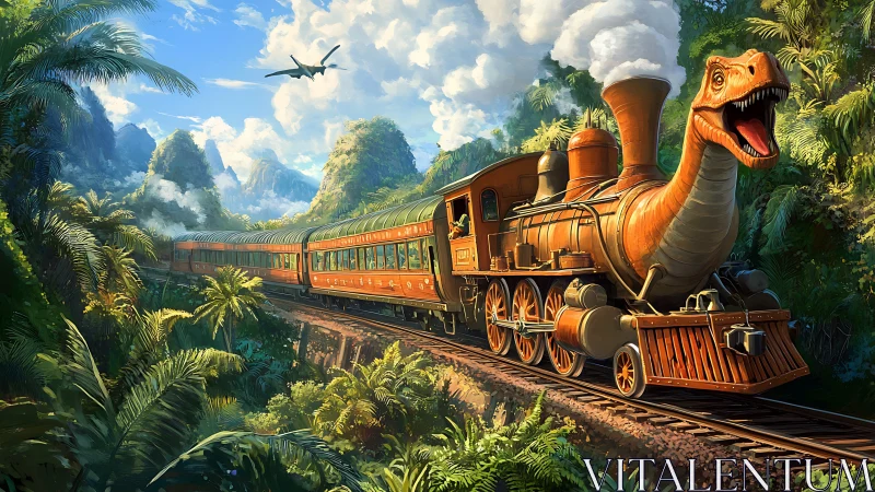 Dinosaur locomotive pulls vintage train through lush jungle valley