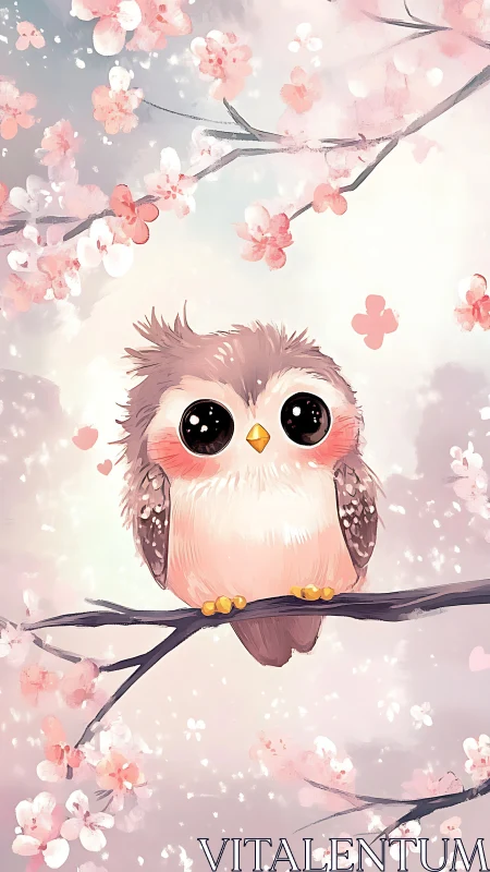Cartoon owl on branch among stylized pink blossoms.