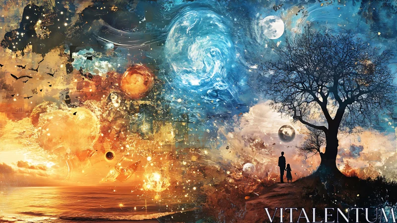 Stargazing together beneath swirling cosmic skies.