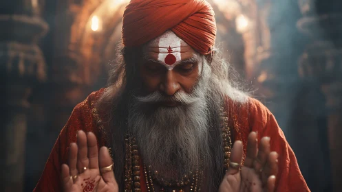 Elderly Hindu sage prays in dim temple corridor with incense