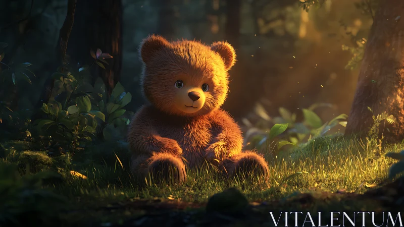 Soft woodland teddy bear enjoys a golden forest afternoon