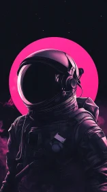 Neon-ringed astronaut silhouette against deep cosmic void.