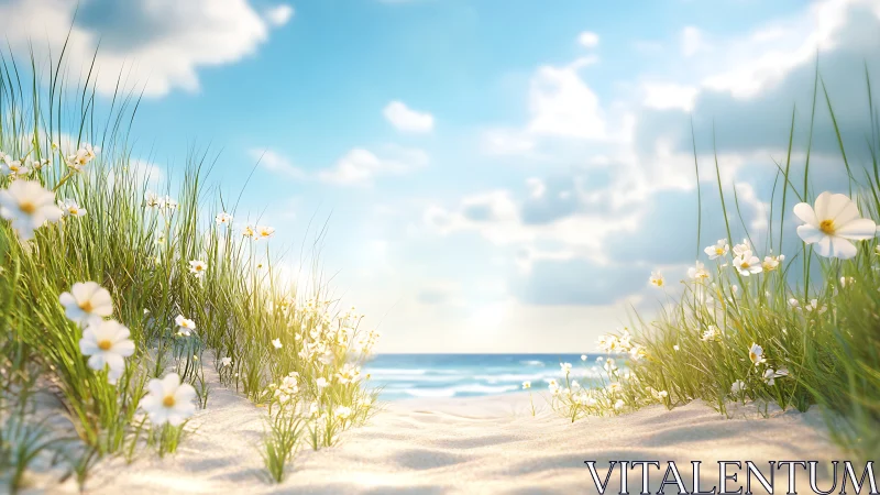 Coastal sand dune with blooming flowers facing calm ocean