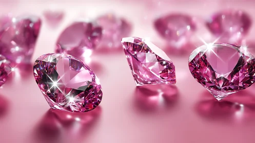 Pink faceted gemstones with high-gloss reflections on blush surface.