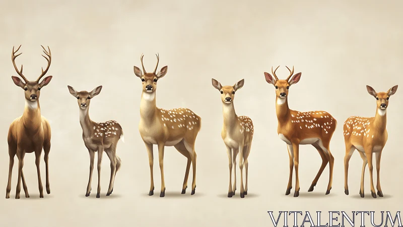 Row of stylized deer and fawns on soft beige background.