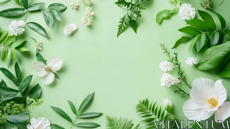 White Florals and Green Foliage Frame Serene Botanical Arrangement
